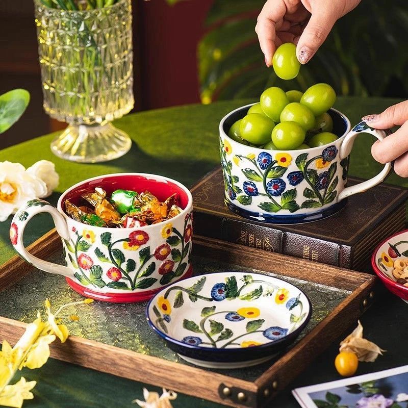 手書きコーヒーカップセット 母の日プレゼント 絵付けマグカップ 花柄　同色ソーサーセット 700ml 大容量 高級食器