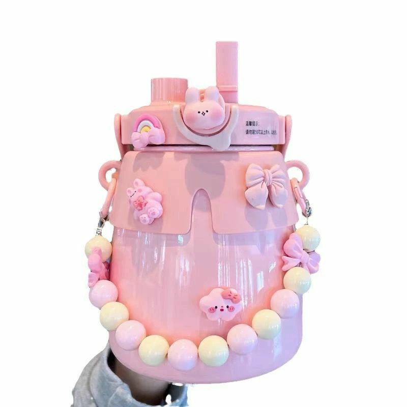 大容量 ウォーターボトル 女の子用保温カップ子供用携帯水筒ストローカップ スポーツ ストロー付き 漏れ防止 ワンタッチオープン 保冷 おしゃれ 直飲み 【シール付き】水筒 ステンレスボトル 洗いやすい マグボトル キッズ 保温 かわいい ギフト