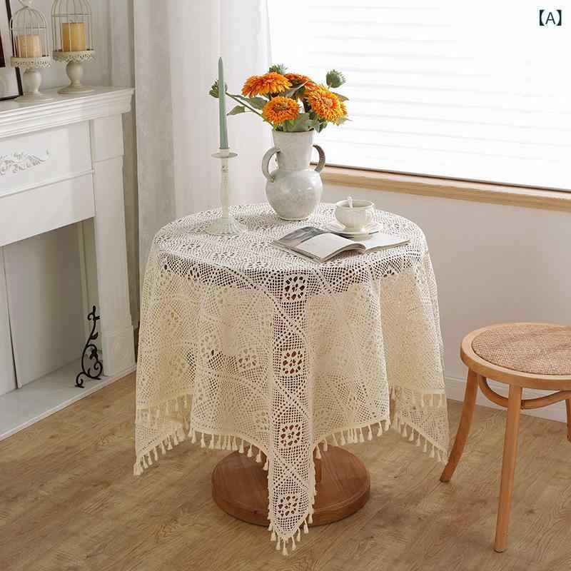 テーブルクロス アメリカン カントリー クロシェ 編み込み 透かし ベージュ チェック 幾何 模様 綿 素材 滑り止め 美化 装飾 長方形 ピアノ カバー 撮影 小道具