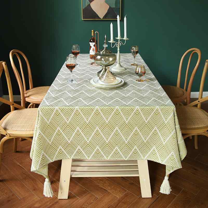 テーブルクロス アメリカンカントリー スタイル ジャカード織り フリンジ 幾何学パターン 波模様 雲模様 滑り止め 麻混紡 長方形 食卓 ダイニング リビング ネイビー イエロー レッド
