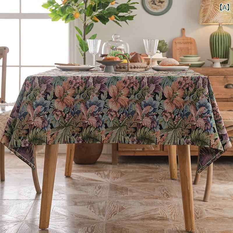 テーブルクロス アメリカン レトロ 油絵風 麻風 布製 カントリー ロマンチック 高級感 織り込み プリント 長方形 黒 ベージュ ピンク 防塵 装飾 リビング 普段使い