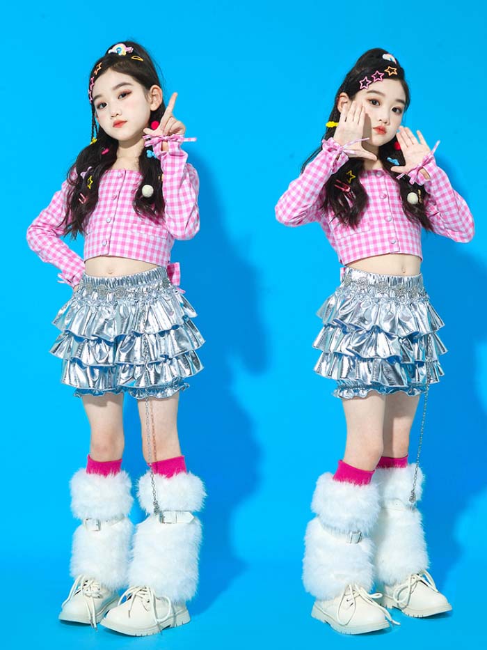 キッズダンス衣装 セットアップ ジャズダンス衣装 ヒップホップ キッズ チェック柄 長袖トップス へそ..