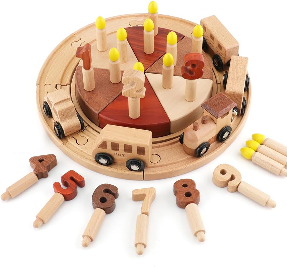 積み木 レールブロックつみき 知育玩具 - 52pcs 組み立て 木のおもちゃ モンテッソーリ玩具 車 ケーキ 誕生日おままこと 積み木 2歳 3歳 木製 ブロック 指先訓練 子供向け 男の子 女の子 プレゼント