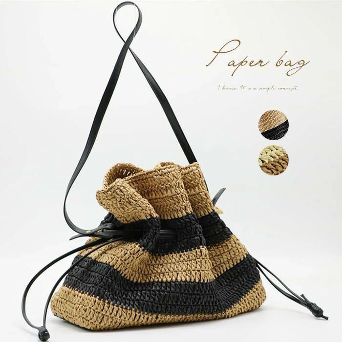 Straw Bags - かごバッグ ショルダー 斜め掛け レディース 編みバッグ 籠バッグ トートバッグ 大きめ 大容量 2way 肩掛け 軽い 軽量 巾着バッグ 大人可愛い ペーパーバッグ PU 夏祭り 浴衣バッグ ナチュラル 配色 デザイン おしゃれ きれいめ 旅行 送料無料