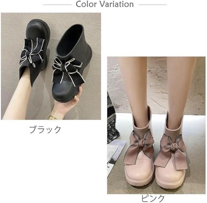 リボン レインブーツ レディース 晴雨兼用 通勤 通学 ブーツ レインシューズ 台風対策 ショートブーツ 長靴 歩きやすい かわいい 黒 ピンク ジュニア きれいめ