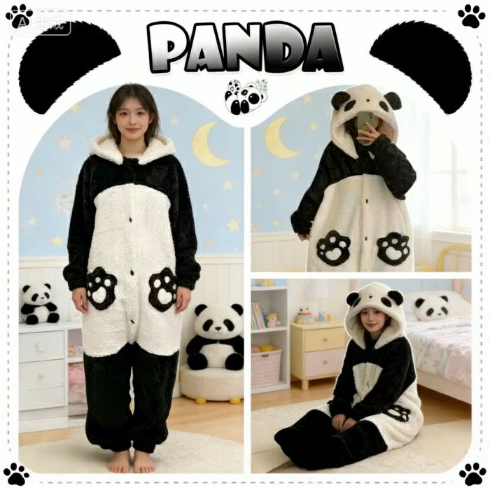 パンダ ルームウェア もこもこ パジャマ 冬 長袖 ナイトガウン 着る毛布 大きいサイズ 前開き フード付き 寝巻き 部屋着 暖かい あったか 着ぐるみ モコモコ 大人用 ふわふわ 動物 レディース 女性用 ガウン かわいい 可愛い 着る暖房 モモンガ