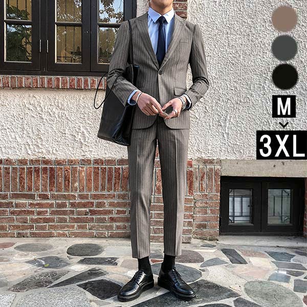 其它 - メンズ 一つボタン ストライプ ビジネススーツ suit 細身 スリムスーツ フォーマルスーツ 紳士服 二次会 結婚式 卒業式 入学式 面接 通勤 パーティー カジュアルスーツ おしゃれ 春 秋 上下セット スーツ ブラック ブラウン グレー