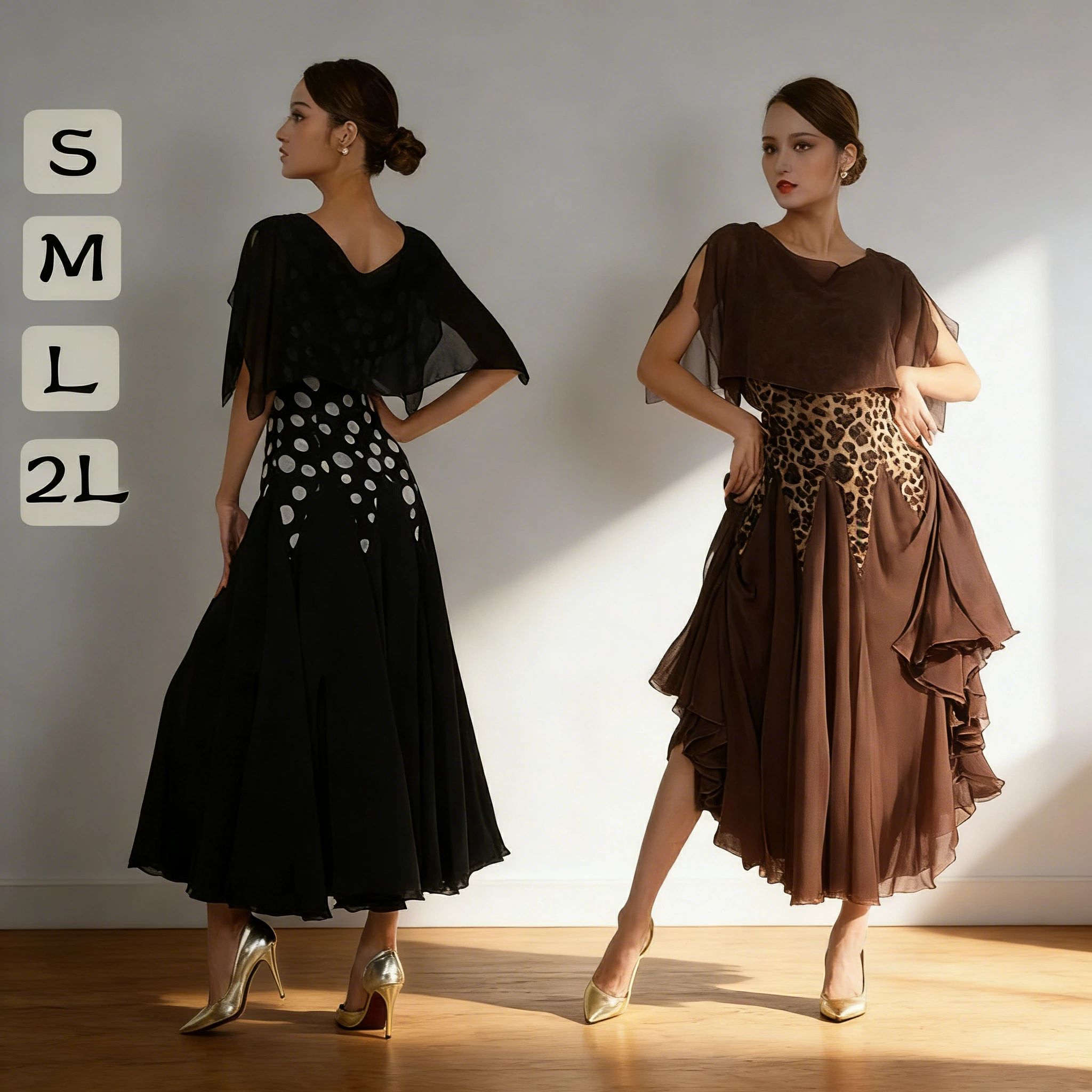 社交ダンス ドレス ダンス衣装 初心者 練習着 社交ダンス衣装 競技着 ワンピース ダンスドレス ケープスリーブ 半袖 透け感 ドット柄 ロング丈 スタンダードドレス ワルツ モダン 競技ダンス ウェア レッスンウェア