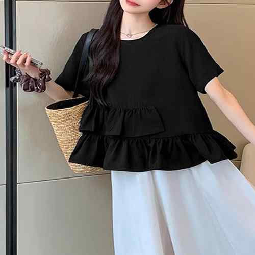 レディース 大人可愛いカットソー 体型カバー フリルギャザートップス 着やせペプラムブラウス おしゃれ裾フレアカットソー 韓国風ゆるトップス 半袖大人夏服涼しげ ゆったりシルエット