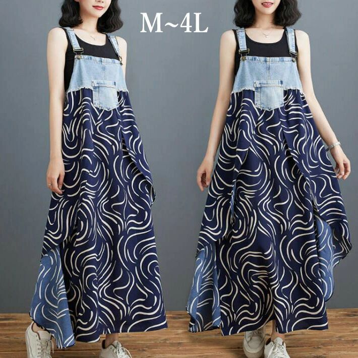 ジャンパースカート サロペットスカート サロペット オーバーオール オールインワン 切替 重ね着 フリル デニム シフォン マキシ丈 ロング 大きサイズ 春 夏 M L 2L 3L 4L