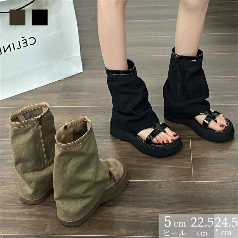 ブーツサンダル レディース サンダルブーツ サンダル付きブーツ ブーツ風サンダル ラウンドトゥ オープントゥサンダル 美脚 脱げない 痛くない 疲れない 安定感抜群 フラットヒール ミドルヒール 5cmヒール 前開き スタイリッシュ 上品 おしゃれ シンプル コーデ