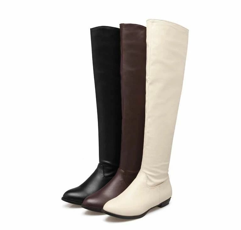 レディースブーツ　ニーハイブーツ　ジョッキーブーツ　ロングブーツ　大きいサイズ　22cm　29cm　長靴　合皮　ロングブーツ　ロング丈　秋冬　ローヒール　2.5cm　 厚底 黒　ブラック