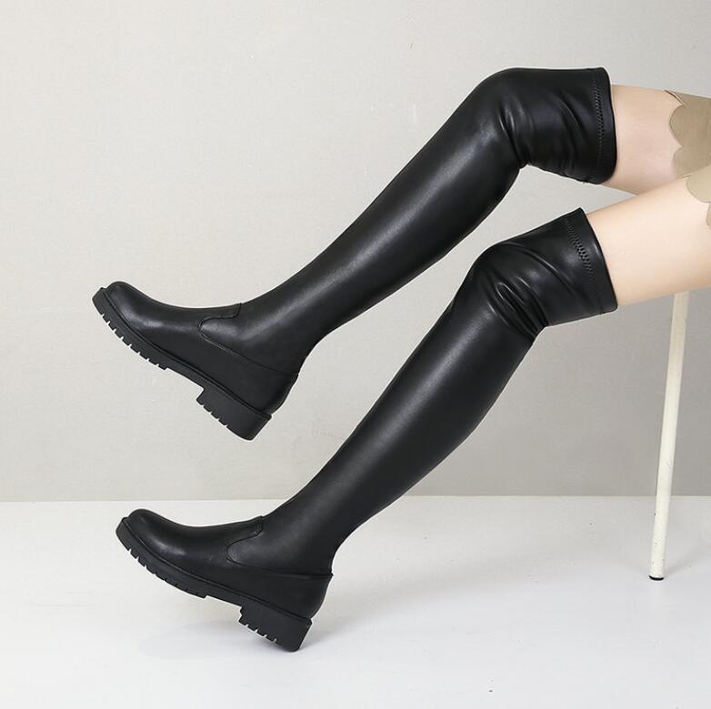 レディースブーツ　ロングブーツ ニーハイブーツ エンジニアブーツ　ジョッキーブーツ 美脚 ローヒール4cm ブーツ ストレッチ 長靴 防寒 歩きやすい ロング丈 膝丈 PU ストレッチ素材　ストレッチソックスブーツ　ぺたんこ　ローヒール　22cm〜26.5cm