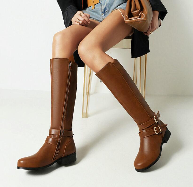 レディースブーツ　エンジニアブーツ　ジョッキーブーツ　大きいサイズ　22cm　27.5cm　長靴　合皮　ロングブーツ　サイドゴア　ロング丈　秋冬　ローヒール　太ヒール　3.5cm　 厚底 黒　ブラック