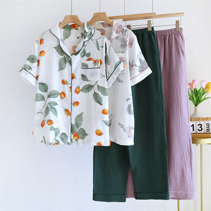 ダブルガーゼ ガーゼ パジャマ ルームウェア レディース 春 夏 秋 半袖 花柄 折り襟 部屋着 セットアッ..