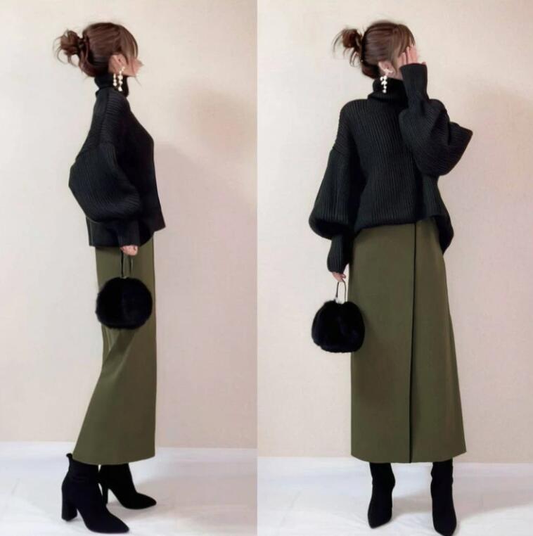 セットアップ レディース セーター&スカート 2点セット 春 秋 冬 ニットセーター ハイネック タートルネック 無地 カジュアル きれいめ 秋冬 トップス ロングスカート 上下セット 大人 長袖 ボリューム袖 ゆったり デート お出かけ お洒落 通勤 韓国 30代 40代 50代