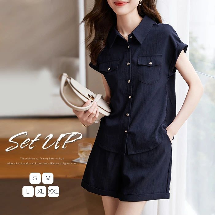 セットアップ レディース 春 夏 秋 シャツ レディース トップス パンツ カジュアル 定番 ハーフパンツ 上下セット きれいめ 日常 ルームウェア お洒落 楽 M L XL 体型カバー 無地 通勤 通学 デート ママコーデ