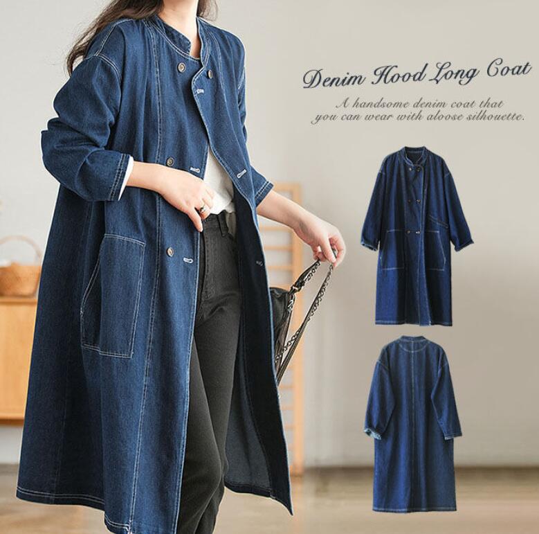 デニムコート レディース ワンピース ロング アウター トレンチコート スプリングコート ライトアウター 羽織 長袖 スタンドネック ロ..