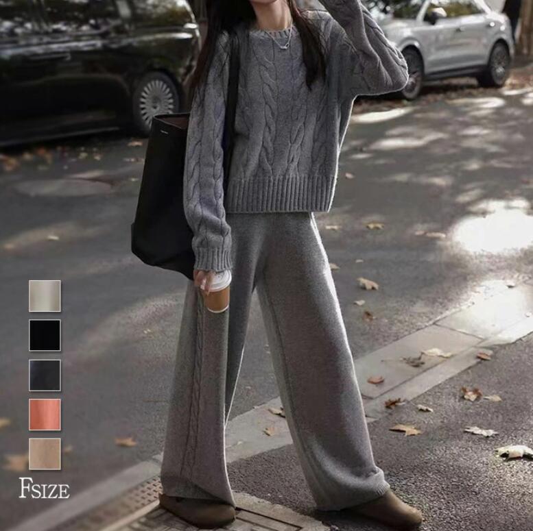 セットアップ レディース 秋冬 ニット 2点セット リブニット パンツ セーター ロング丈パンツ 無地 重ね着 ニットセーター 長袖 秋 冬 ワイドパンツ ゆったり きれいめ 上下セット ファッション 大人 春 上品 カジュアル 通勤 体型カバー オフィス 着痩せ 送料無料