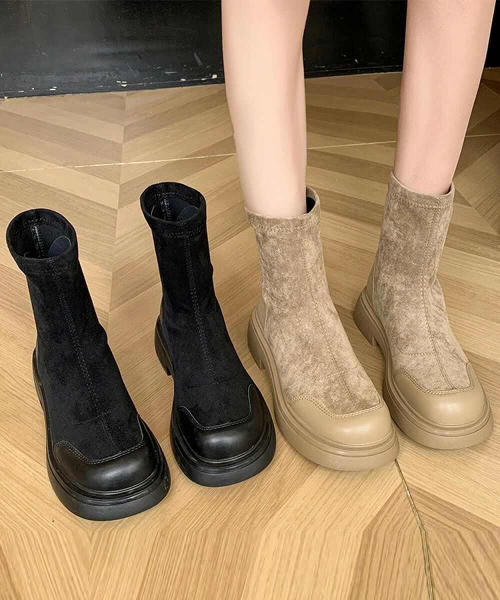 ショートブーツ スエード調 ミドルブーツ レトロ 厚底ブーツ ラウンドトゥ 美脚 ブーティ レディース 秋冬 ストレッチブーツ 韓国 歩きやすい 秋冬靴ローヒール 3JIANLONG-074 ランキング受賞