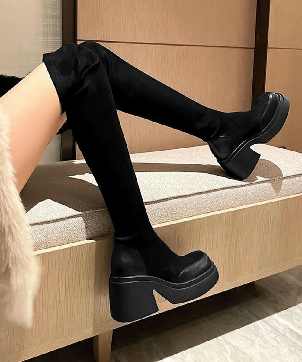 ニーハイブーツ レディース ロングブーツ スクエアトゥ 厚底 ジョッキーブーツ 履きやすい膝上ブーツ 美脚脚長ストレッチブーツ大人きれいめ 太ヒールフィットブーツ 90XMD-001