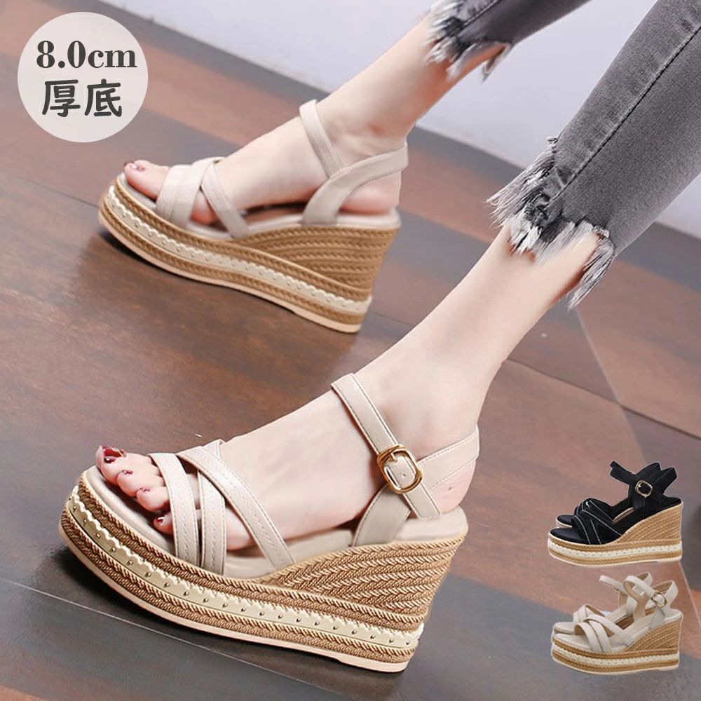 ウェッジソールサンダル 美脚厚底サンダル クロスベルト 軽量サンダル 韓国 アンクルストラップ サマーサンダル 歩きやすい お洒落 夏靴 8cmヒール 脚長綺麗目 83RAJL-009