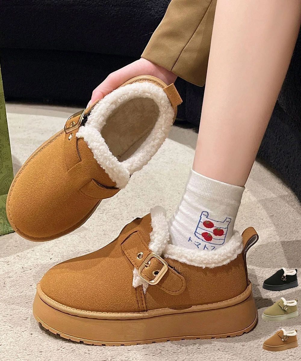 厚底ムートンブーツ 裏起毛ショートブーツ 歩きやすい防寒ブーツ レディース 保温 裏ボアブーツ ベルト付き 暖かいブーツ もこもこシューズ あったか冬靴 モカシン 3JIANLONG-079