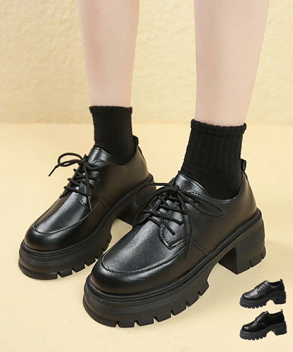 ローファー レディース 厚底 編み上げ チャンキーヒール レザー調 美脚くつ マニッシュ ボリュームソール クラシック 疲れない おしゃれ 通勤通学 99GYXC-133