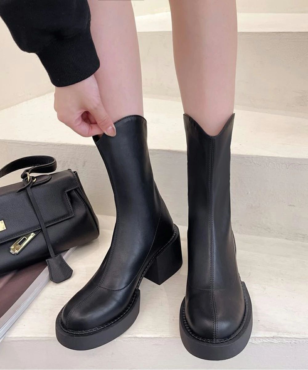 ショートブーツ レディース 厚底靴 美脚 チャンキーヒール ミドルブーツ ラウンドトゥ カジュアル靴 秋冬 バックジップブーツ 履きやすい 疲れにくいくつ人気新作 3JIANLONG-056 ランキング受賞