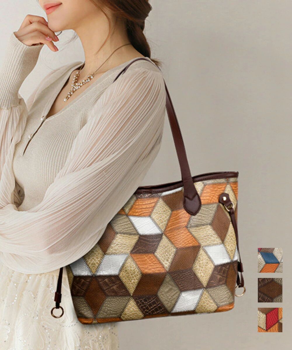 トートバッグ ポーチ付き PUレザー レディース バッグセット A4対応 幾何学模様バッグ 大容量 おしゃれ カラフル鞄 韓国風 肩掛けカバン 通勤通学