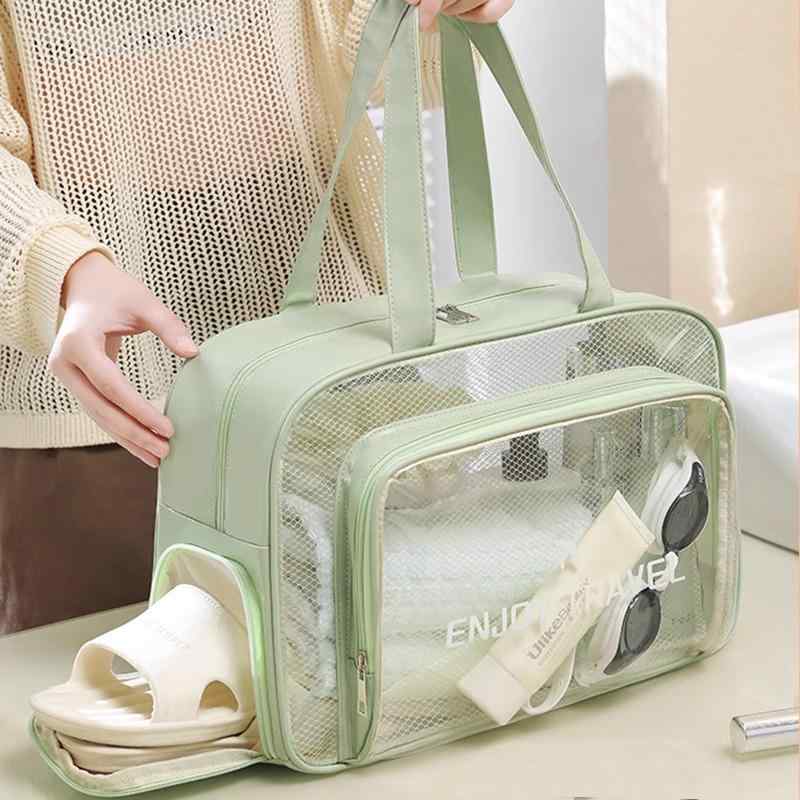 ビニール トートバッグ クリア レディース 女性用 プールバッグ ビーチバッグ ブラック 独立シューズ入 グリーン ベージュ 透明