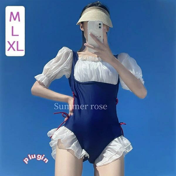 リボン付き水着｜レディース 水着 レオタード水着 ローレグ パッド付 バブル スリーブ かわいい リ...