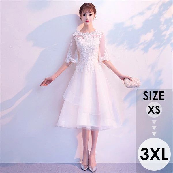 ドレス パーティードレス ミモレ丈ドレス 結婚式 演奏会 袖あり 半袖 透け感 レース Aライン シンプル きれいめ ホワイト 成人式 同窓会 大人 ピアノ 発表会 ステージドレス 二次会 母親 ウエディング ワンピース 上品 20代 30代 40代 d9031x0x0m4