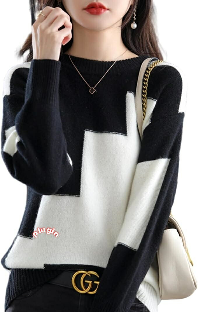 レディース 着 ニット トップス 丸首 バイカラー 長袖 セーター