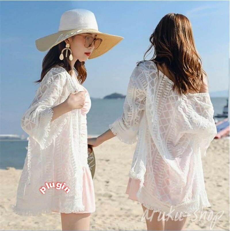 羽織り アウター オシャレ 冷房対策 透け感 薄手 UVカット 夏 コーデ トップス 海外旅行 カジュアル リゾート 七分袖 レディース 前開き 水着の上に着るビーチガウン 刺繍カーディガン 花柄レース ビキニカバー UVカーディガン