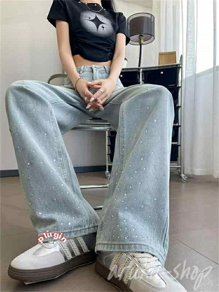 大きいサイズ ブルーデニム ダメージ風 水色 淡色 ハイウエスト ボトムス かわいい レディース ズボン デニム ラインストーン系 ビジュー ストレート ジーパン 大きいサイズ レディース デニムパンツ ジーンズ クリスタル キラキラ デニムパンツ