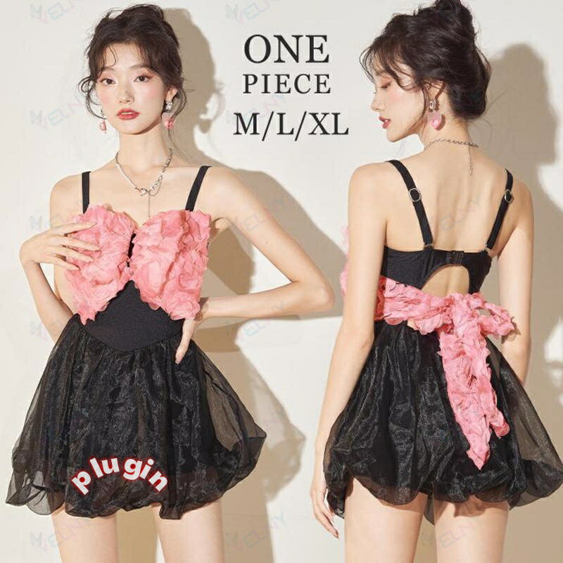 体型カバー パルーンワン ワンピース水着 リボン付き レディース