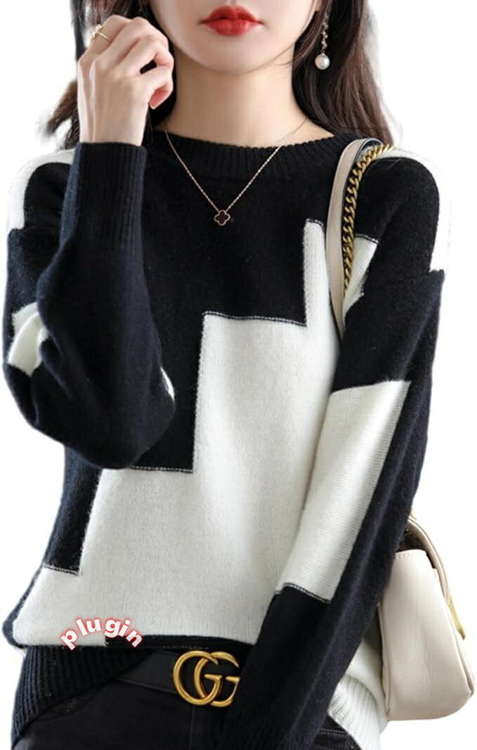 レディース 着 ニット トップス 丸首 バイカラー 長袖 セーター