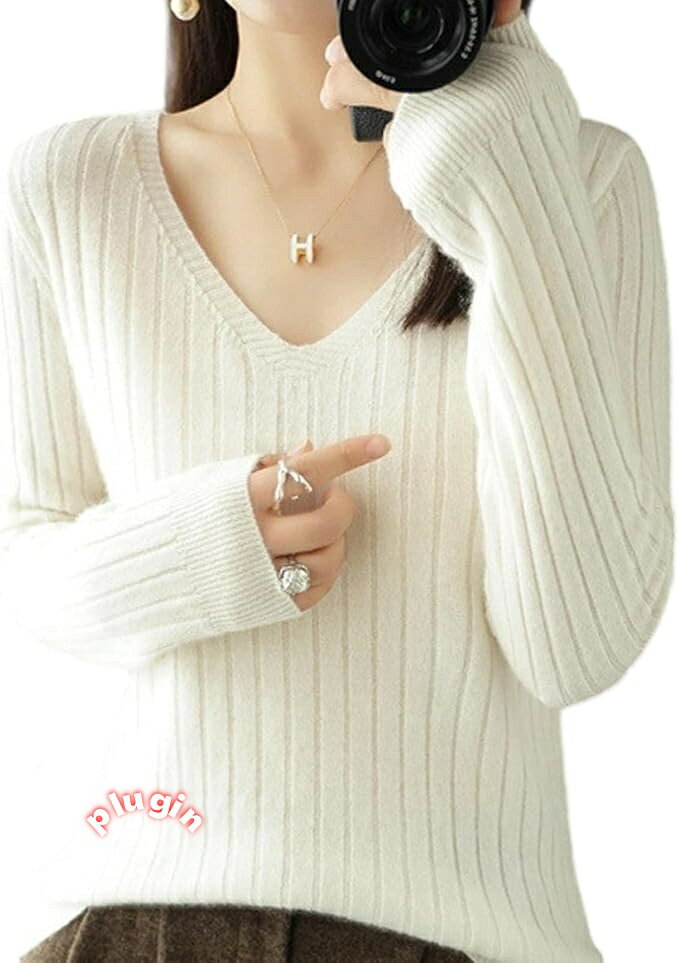 レディース セーター 長袖 Vネック トップス リブニット カ 無地