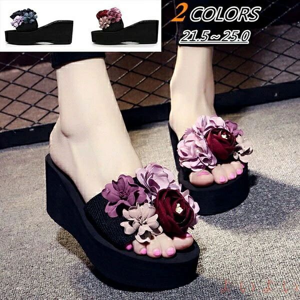 【送料無料】サンダル ビーチサンダル ミュール ウェッジソール サンダル 花 スライドサンダル 厚底ビーチサンダル レディース コンフォートサンダル 海 プール ビーチサンダ