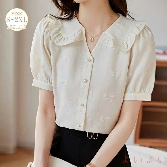 【送料無料】可愛い シャツ パフスリーブ レディース 半袖 総柄 春夏 涼しい きれいめ 通学 シャツブラウス トップス レディースシャツ レディーストップス ナチュラル カジ