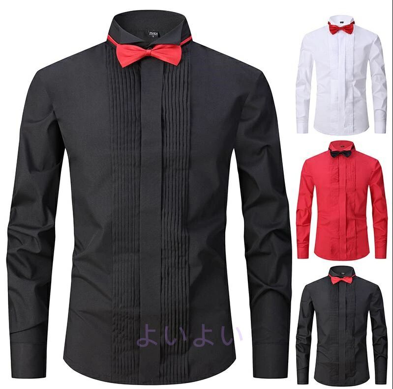 メンズドレスシャツ 蝶ネクタイとカフスボタン付き ウイングカラーシャツ 新郎用シャツ フォーマルシャツ 燕尾服タキシード