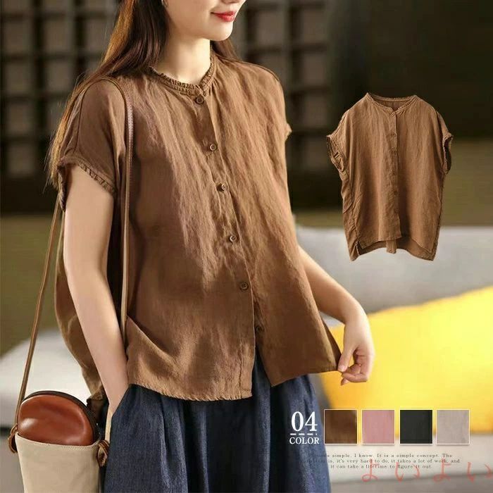【送料無料】リネン100% フレンチスリーブ リネンシャツ レディース 半袖 夏シャツ リネン 無地 春夏 シャツブラウス 涼しい トップス 柔らかい レディースシャツ レディース