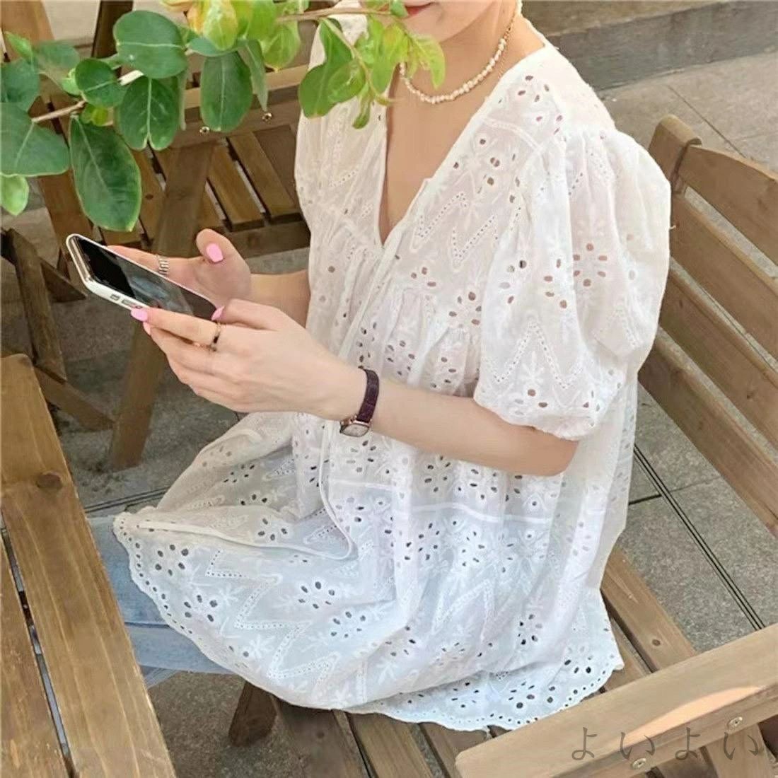 【送料無料】フロントのリボンで可愛らしさを演出する花柄刺繍レースブラウス プルオーバー Vネック 5分袖 半袖 春 おしゃれ カジュア