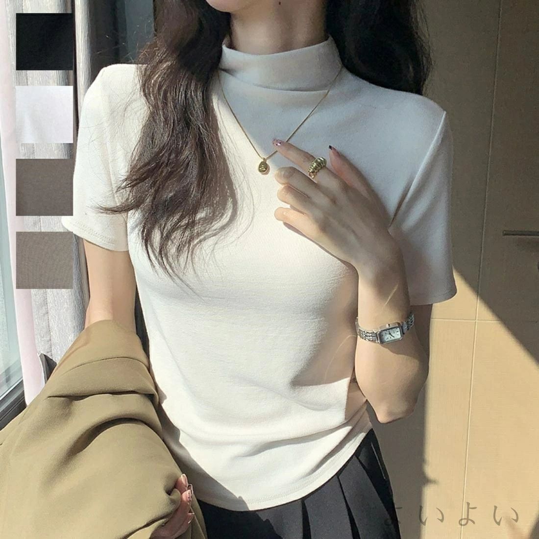 【送料無料】ウエストにギャザーをあしらい柔らかな印象の半袖ハイネックトップス フレンチスリーブ 上品 おしゃれ セレモニー フォーマル