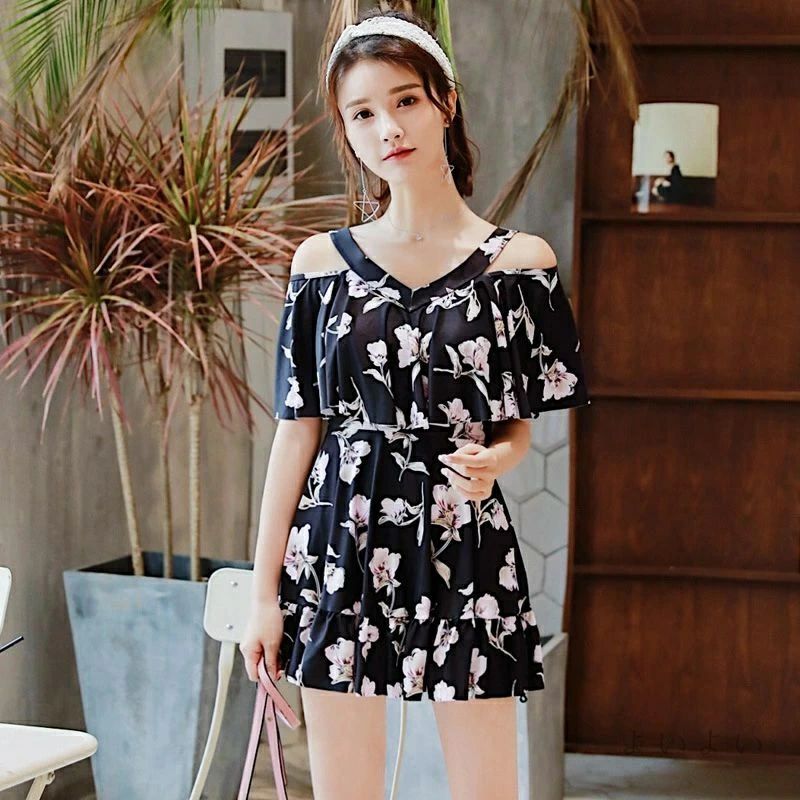 【送料無料】ワンピース水着 体型カバー水着 大きいサイズ レディース ママ水着 オールインワン 花柄 黒 ぽっちゃり 二の腕 カバーアップ 女性 オトナ女子 20代 30代 40代 露出控えめ