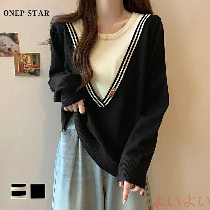 【送料無料】レイヤード風ニットトップス レディース ニット Vネック ボーダー柄 長袖 ゆったり シンプル 伸縮性あり 大人カジュアル 体型カバー 20代 30代 40代 50代 ワンピ