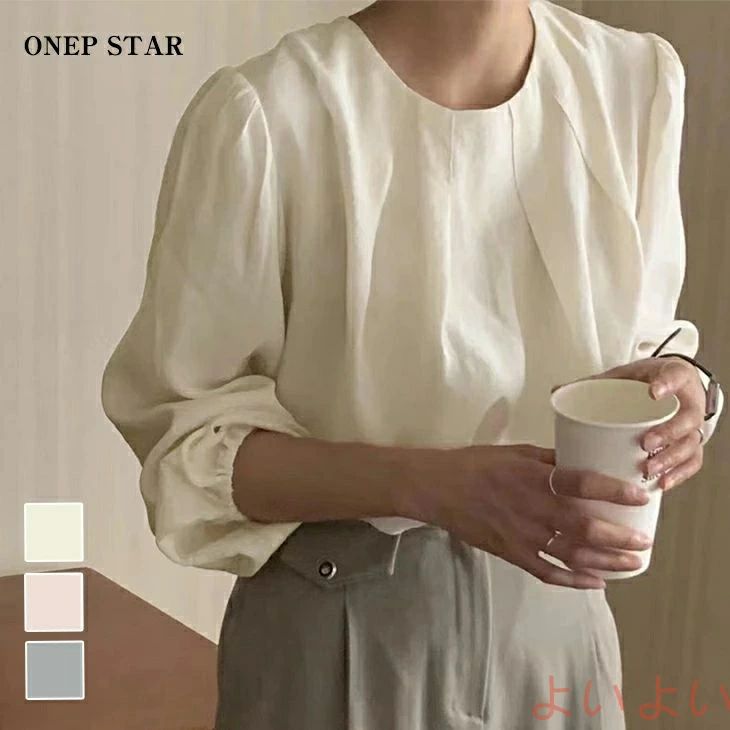 【送料無料】ラウンドネックプリーツブラウス レディース ブラウス 長袖 プリーツ ラウンドネック バックボタン ゆったり 体型カバー ポリエステル 20代 30代 40代 50代 ワン