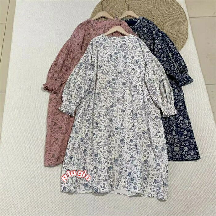 森ガールワンピース レディース 長袖 綿ワンピース ロングワンピース 花柄 総柄 パフスリーブ ワンピース 春秋 花柄ワンピ クルーネック ポケット コットン カジュアル 大きいサイズ ゆったり 大人可愛い