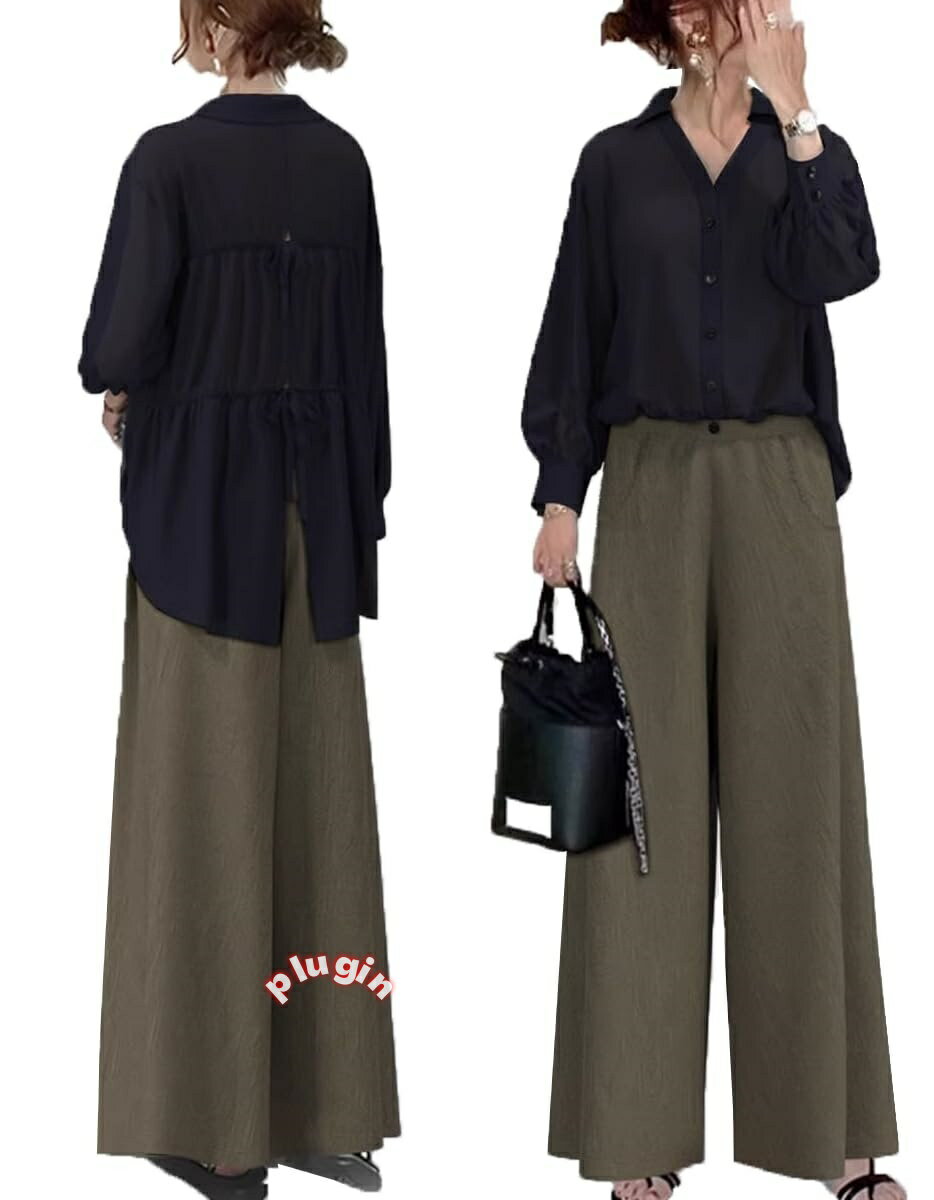 シャツ ワイドパンツ セットアップ レディース パンツスーツ トップス ストレートパンツ 上下セット カットソー tシャツ ズボン ギャザー フレア フォーマル カジュアル フリル プリーツ 長袖春夏秋冬 ブラウス